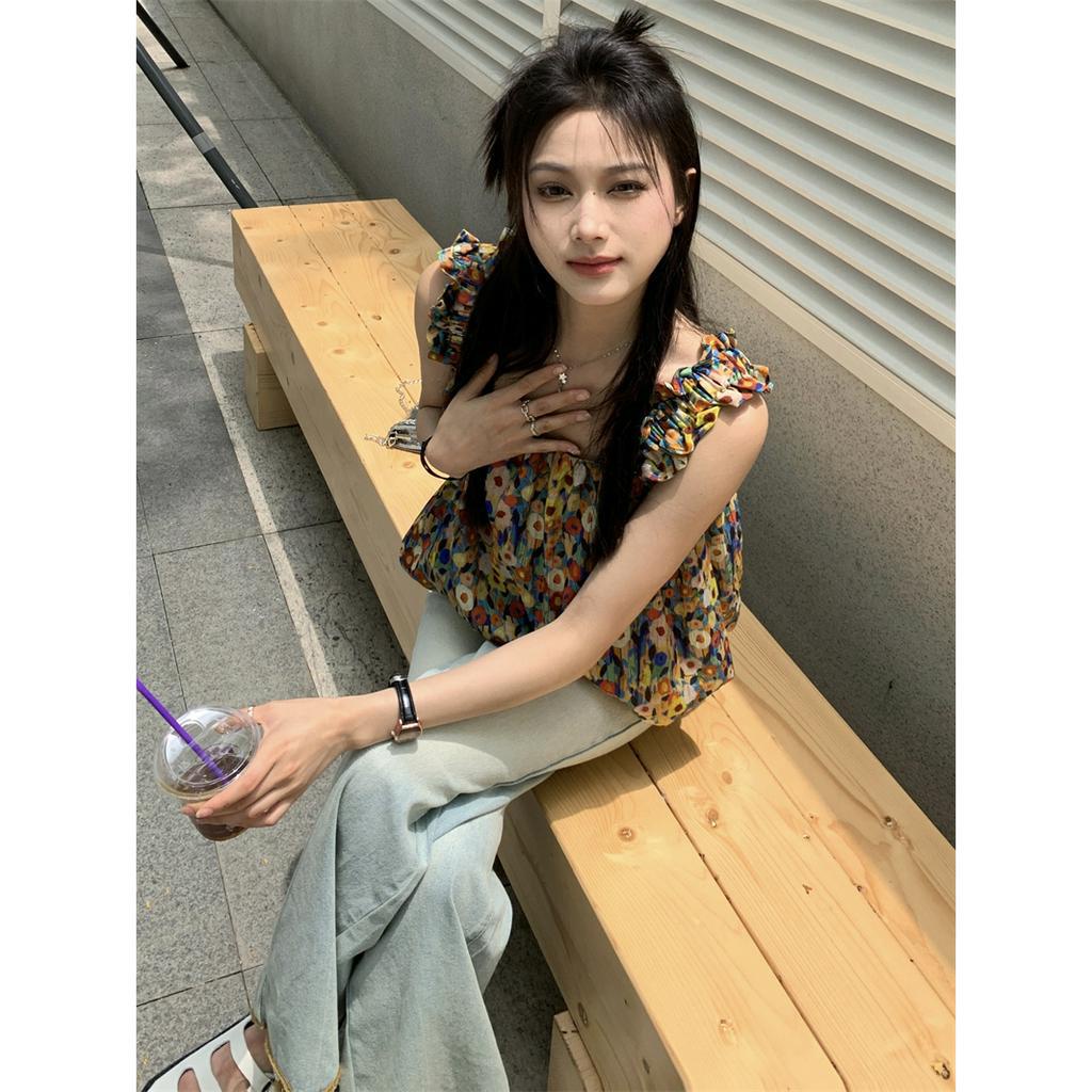 Lalisas Áo Hai Dây Dáng Rộng Ngắn In Tranh Sơn Dầu Ngọt Ngào Cho Nữ