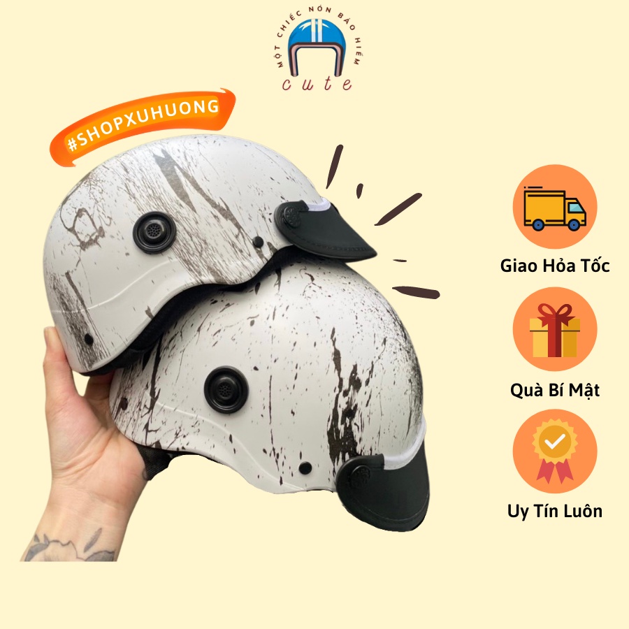 Nón bảo hiểm sơn nhúng cacbon màu trắng mix đen Cute Shop nhựa ABS bền bỉ lót xốp cao cấp bọc thêm vải 3 lớp êm ái