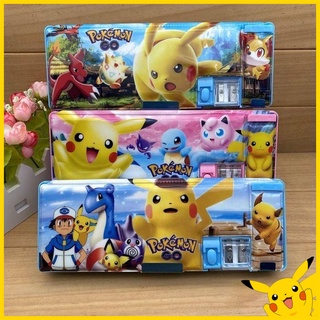 Pokemon pencil case Stationery Box Cute Cartoon Pocket Elf Pikachu Pen Box Male and Female Elementary School Students Children's Pencil Box Creative Multifunctional Double Sided Plastic Stationery Storage Box