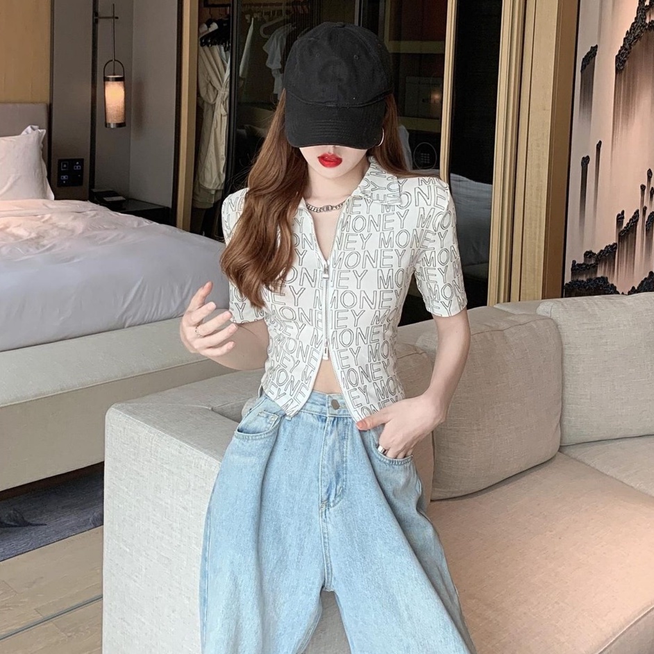 Áo POLO Dệt Kim Tay Ngắn Phối Khóa Kéo Lưng Cao Cá Tính