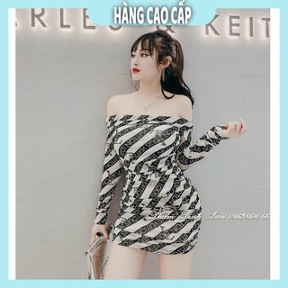 Đầm Nữ - Đầm body trễ vai tay dài hoạ tiết kèm mút (HÀNG SIÊU ĐẸP)