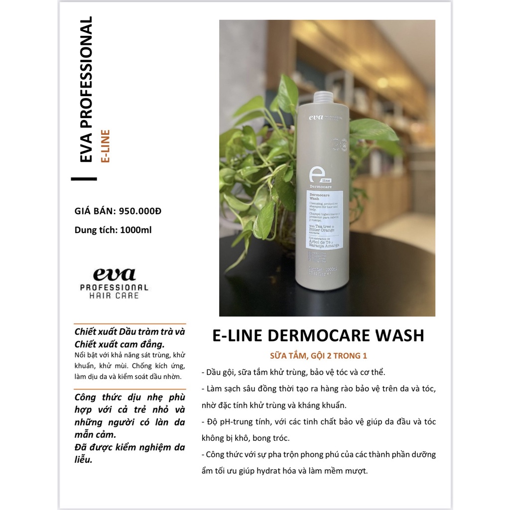 Sữa Tắm Gội 2 Trong 1 Eva E-Line Dermocare Wash 1000ml Chính Hãng