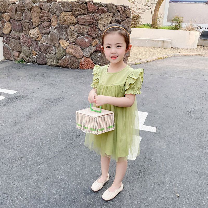 Đầm Công Chúa Tay Cộc Phối Lưới Màu Sắc Trơn Thời Trang Mùa Hè Cho Bé Gái