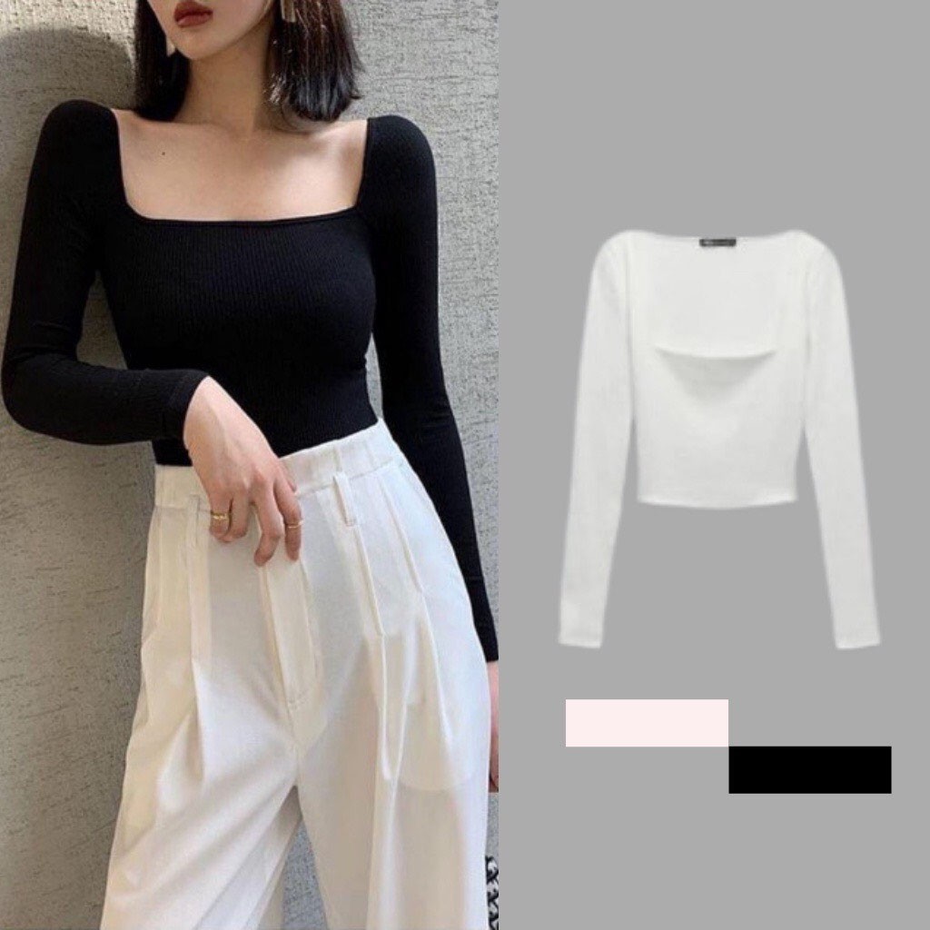 Áo dài tay nữ cổ vuông, áo thun nữ tay dài bozip vải đẹp mặc tôn dáng | BigBuy360 - bigbuy360.vn