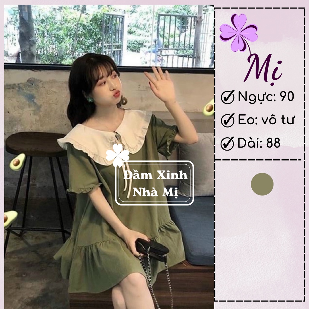 Đầm Xinh Đi Chơi Đuôi Cá Cổ Áo Lá Sen Nữ Tính, Đầm Suông Dạo Phố Tay Ngắn Phối Dây Cột Nơ Màu Xanh Rêu