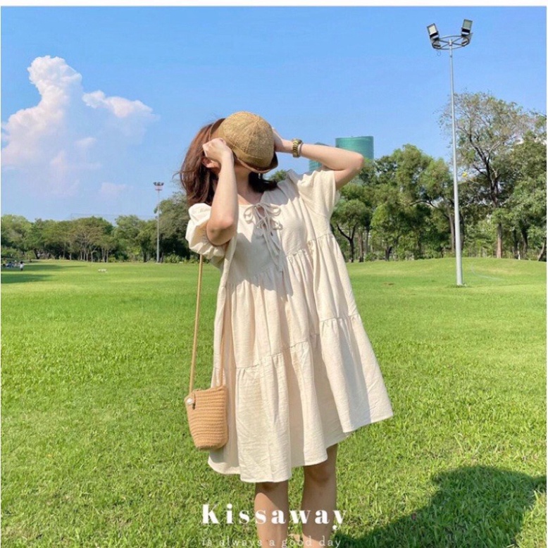 Váy xuông babydoll tay bồng nữ đan dây ngựa buộc nơ phong thái korea tươi tắn V104 Nội Y Xanh hàng đẹp trendy