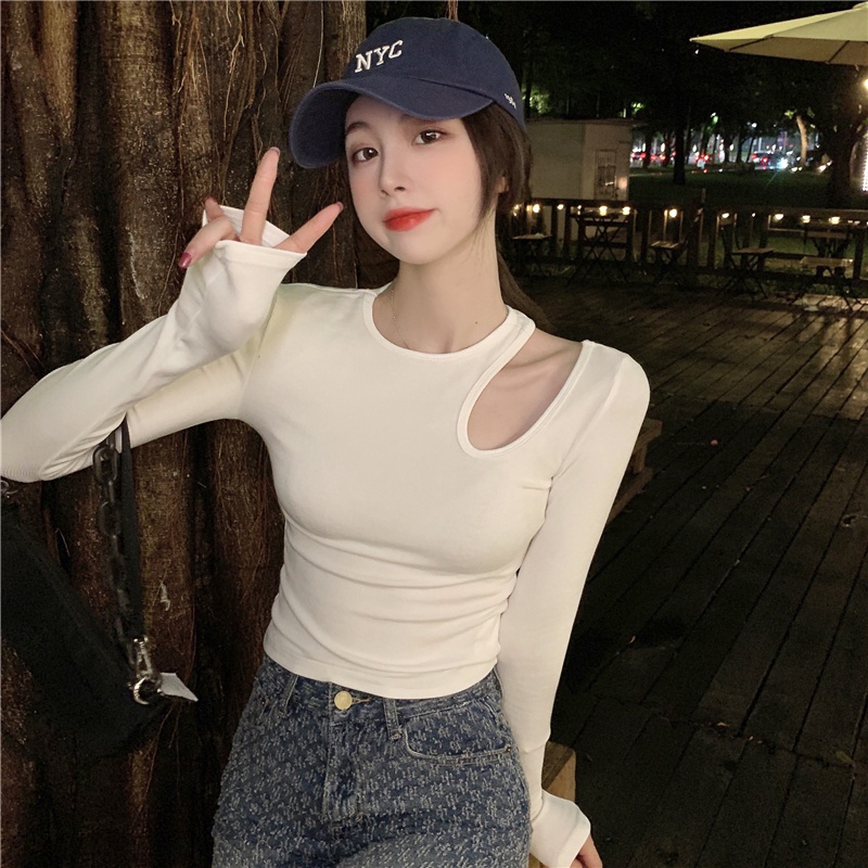 SUXI Áo thun croptop tay dài màu trơn dáng ôm quyến rũ dễ phối đồ hợp thời trang phong cách Hàn Quốc