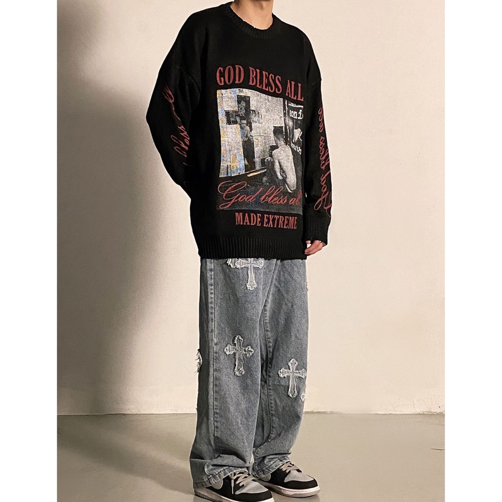 ♞AFF LIGA♞ Quần jean ống rộng thêu họa tiết phong cách hiphop thời trang đường phố năng động
