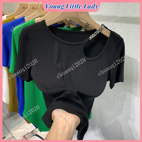 Irregular Klein Blue Short-Sleeved T-shirt Women's Design Sense Niche New Style Short Summer Collarbone Hollow Top Fashion