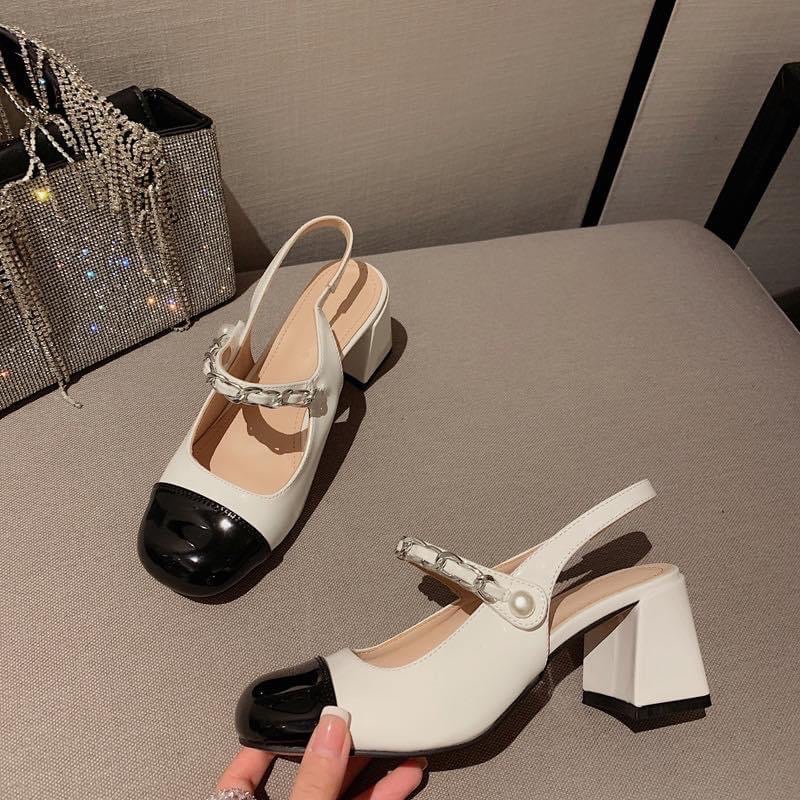 Giày hở gót quai xích gót cao SUDI SHOES 9247 7p đi làm đi chơi phối màu đen trắng, quai dán xích ngọc HOT TREND 2022