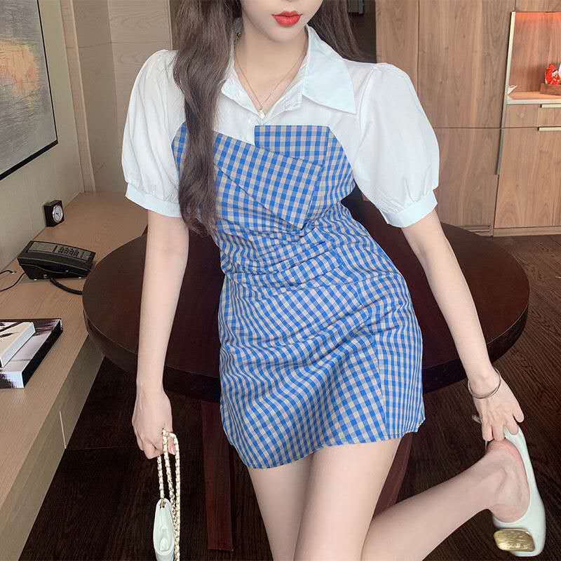 Đầm Sơ Mi Giả 2 Lớp Phối Họa Tiết Kẻ Sọc Phong Cách Retro Hàn Quốc Thời Trang Cho Nữ 2022