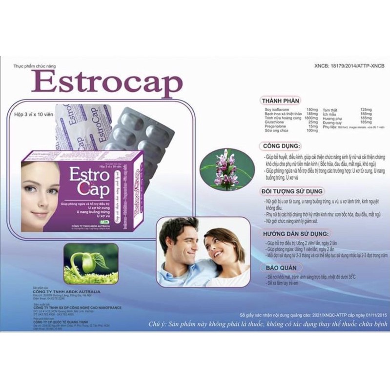 Viên Uống  ESTROCAP -Hộp 30 Viên -Dùng cho nữ giới u xơ tử cung lành tính, kinh nguyệt không đều , đau  bụng kinh