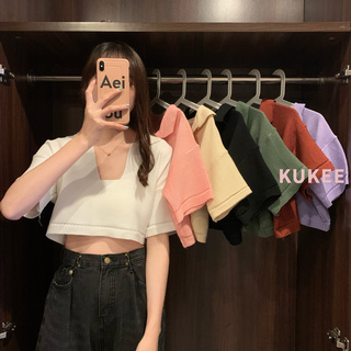 Áo Croptop Tay Ngắn Cổ Chữ V Phong Cách Hàn Quốc Dành Cho Nữ
