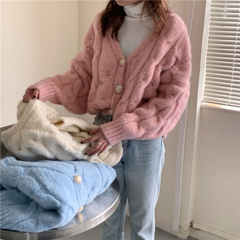 Áo khoác cardigan dệt kim dáng rộng thiết kế xoắn đính nút thời trang cho nữ