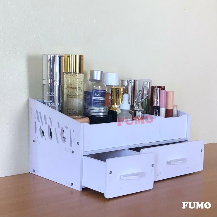 Kệ mỹ phẩm mini tủ đựng đồ trang điểm 2 tầng 2 ngăn kéo gỗ nhựa cao cấp SP001