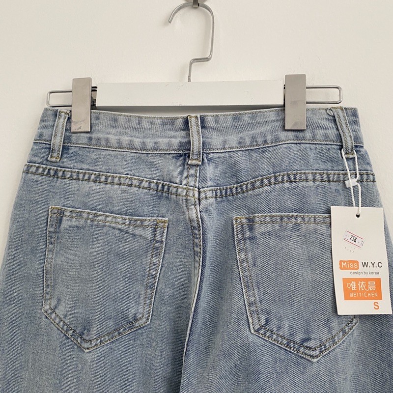 Quần Jeans Ống Suông NQ30 Ống Rộng Cạp Cao Mix Túi Trắng Xanh Nhạt Ullzang