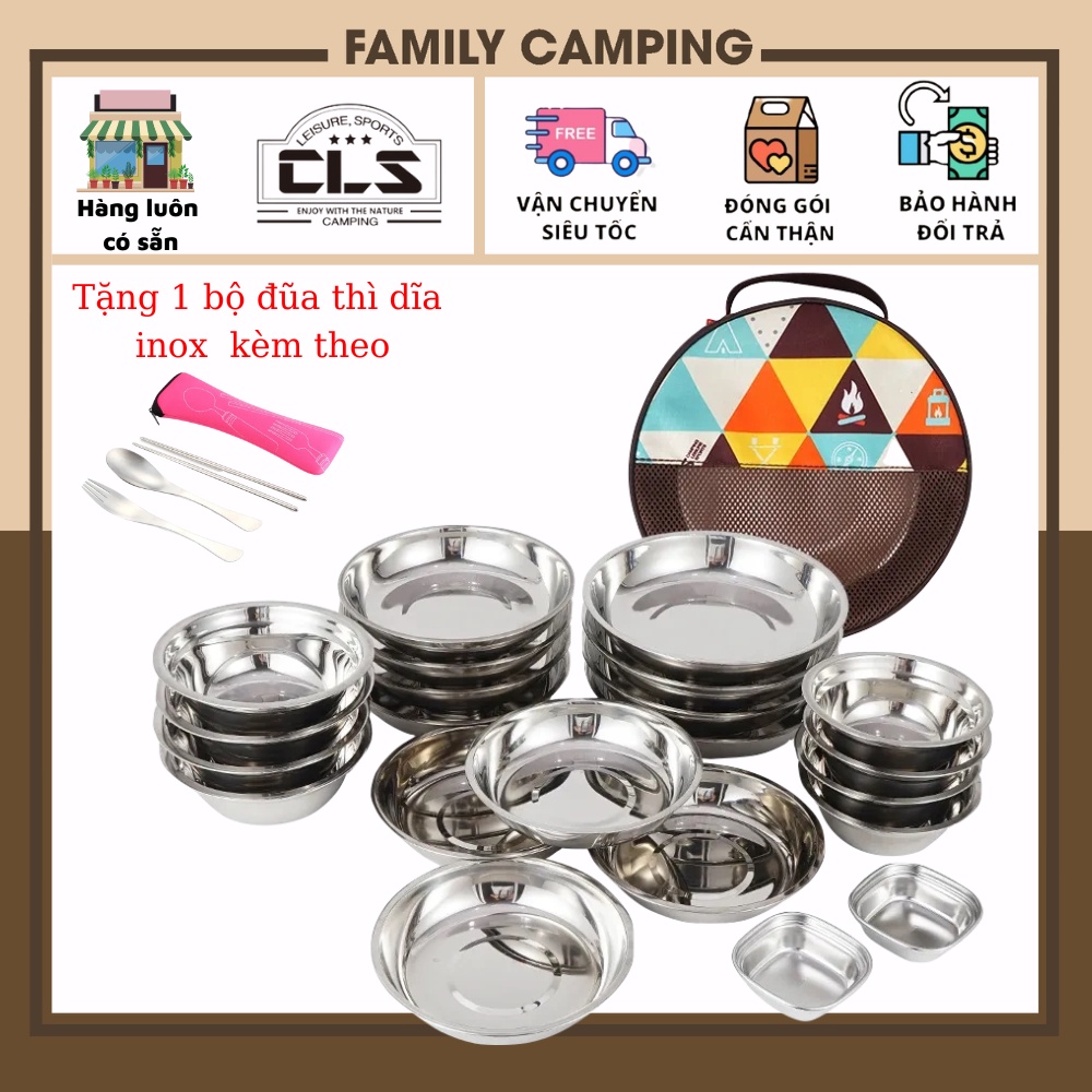 Bộ bát đĩa inox xếp gọn 22 chiếc có túi đựng cắm trại, dã ngoại, du lịch, nhà bếp chính hãng CLS