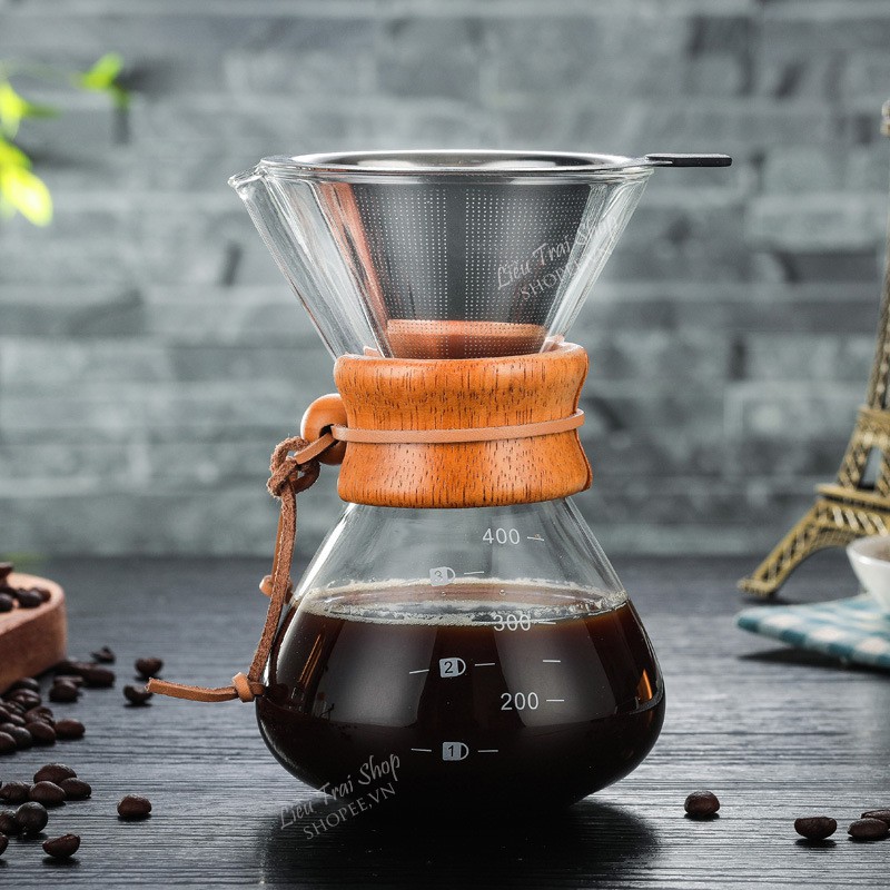 Bình pha cà phê cafe pour over V60 Chemex drip không giấy lọc Inox 304 400ml