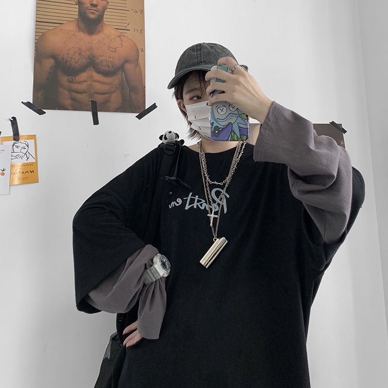 Áo Thun Tay Dài Giả Hai Lớp Phong Cách Hip Hop Hàn Quốc Cho Nam