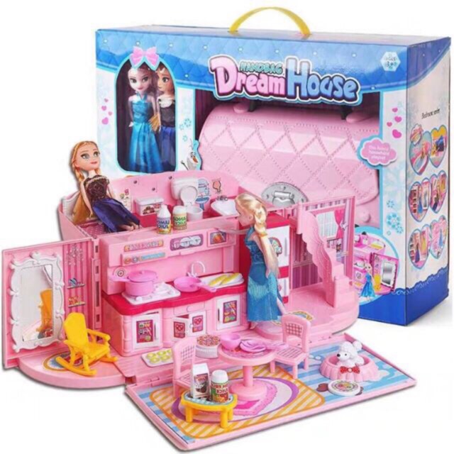 Đồ chơi mô hình phòng ngủ nhà dream house Elsa Anna 2 tầng gấp trong túi xách