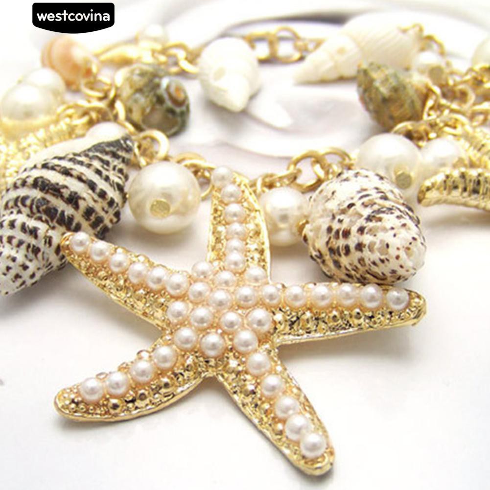 Vòng đeo tay kim loại mạ vàng trang trí vỏ ốc sao biển đính hạt ngọc trai nhân tạo phong cách đại dương độc đáo cá tính