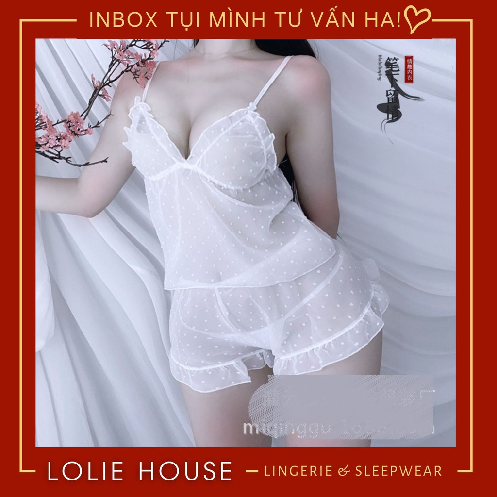 Bộ đồ ngủ nữ hai dây voan siêu mỏng sexy - Đồ ngủ 2 dây dễ thương cute LOLIE HOUSE - SS10 | BigBuy360 - bigbuy360.vn