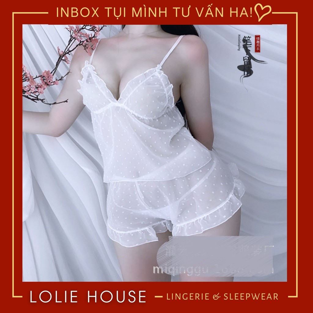 Bộ đồ ngủ nữ hai dây voan siêu mỏng sexy - Đồ ngủ 2 dây dễ thương cute LOLIE HOUSE - SS10