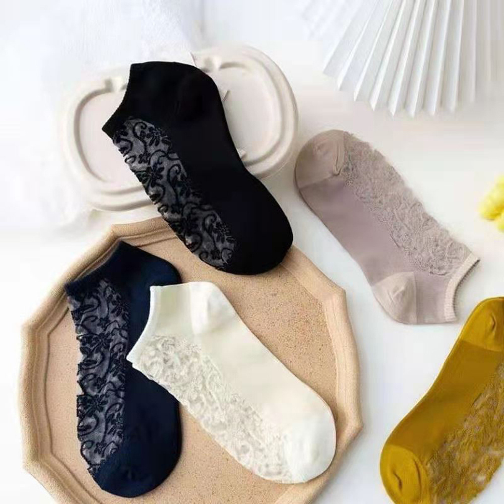 Tất cổ chân ngắn phối ren đơn giản lụa thủy tinh vintage chống trượt thời trang mùa hè 2021 nhiều màu cho nữ BACK2LIFE