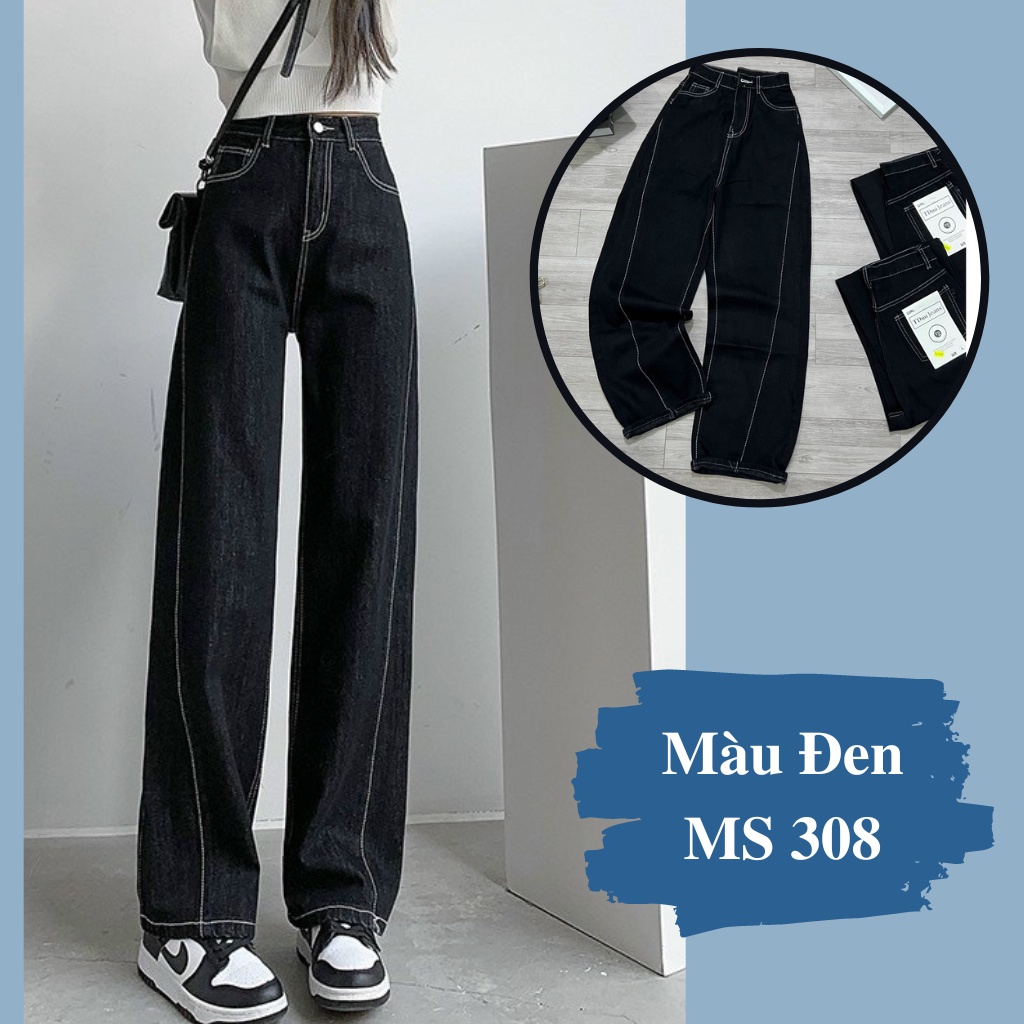 Quần Jean Nữ Phối Chỉ Nổi Ống Suông Rộng Lưng Cao Chất Bò Phong Cách Ulzzang Hàn Quốc 308