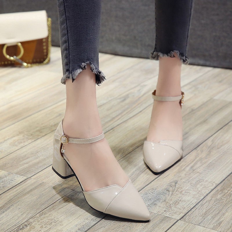 NEW Sale#Giày đơn nữ phong cách hàn quốc mũi nhọn nhỏ tươi mát khóa Baotou sandal cao gót đế dày mùa hè .