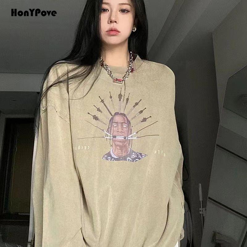 Honypove Áo Nỉ Dài Tay In Họa Tiết Phong Cách Retro Mỹ