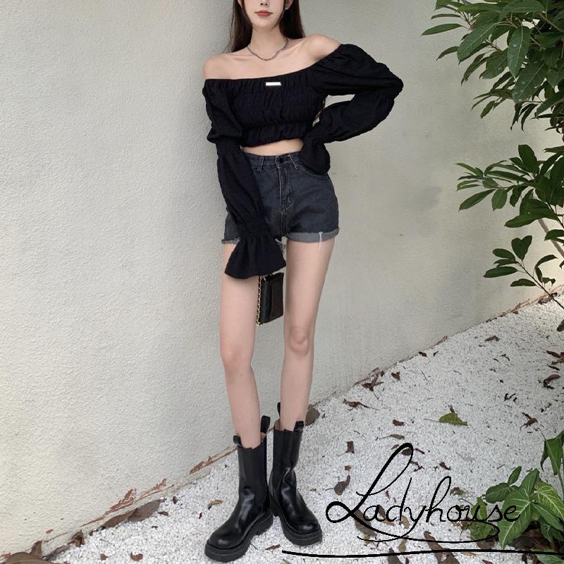 Áo Croptop Trễ Vai Tay Phồng Dài Màu Sắc Trơn Thời Trang Cho Nữ
