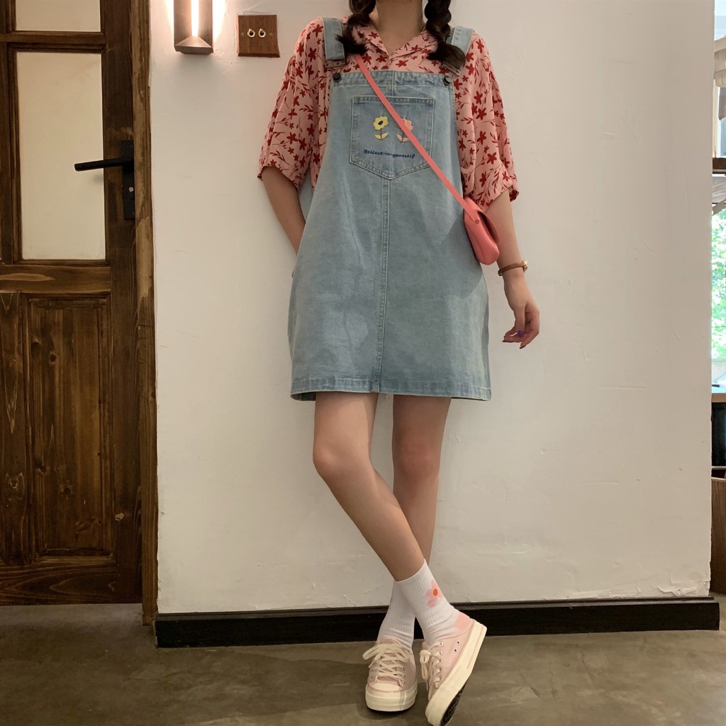 Đầm yếm Xiaozhainv chất denim form rộng họa tiết thêu trẻ trung cho nữ | BigBuy360 - bigbuy360.vn