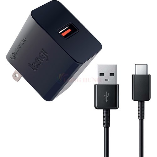 Combo cốc sạc Bagi QC 3.0 2A 1USB + Cáp USB Type-C 2.0 1.2m CB-M30 - Hàng chính hãng