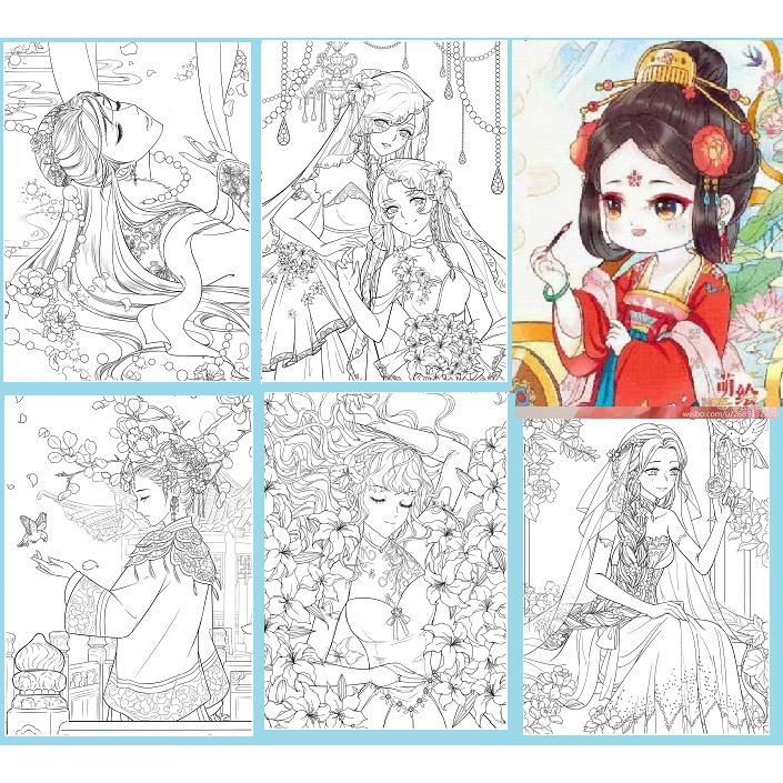 Bộ tranh tô màu  Anime giấy dày tô màu chì, màu nướckhổ A4, 5 tranh A4