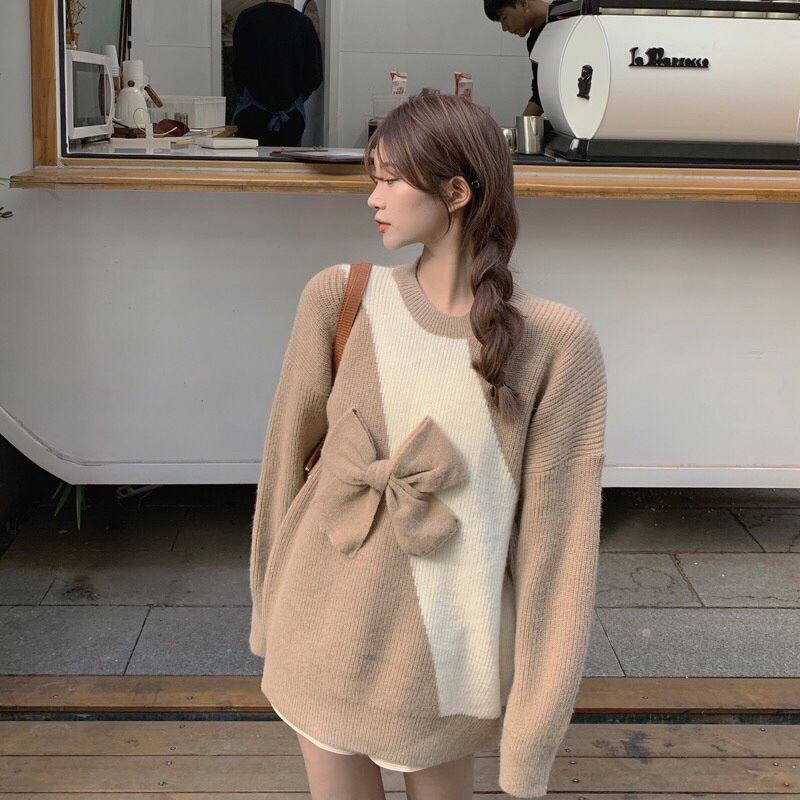 G39. 612. ÁO LEN SWEATER SỌC NƠ NGỰC SIÊU XINH XẮN, ÁO LEN NỮ TIỂU THƯ