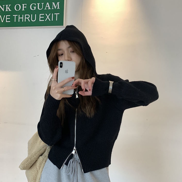 Áo Khoác cardigan Dệt Kim Màu Trơn Có Mũ Phối Khóa Kéo Thời Trang Hàn Quốc