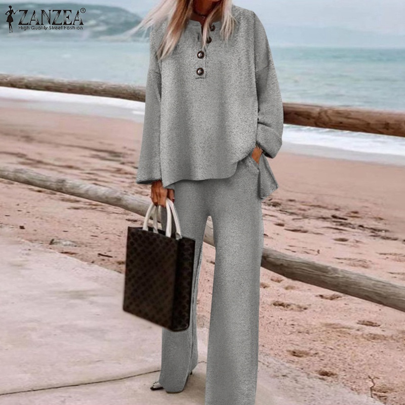 Bộ trang phục ZANZEA quần ống rộng lưng thun + áo cổ chữ O thời trang cho nữ