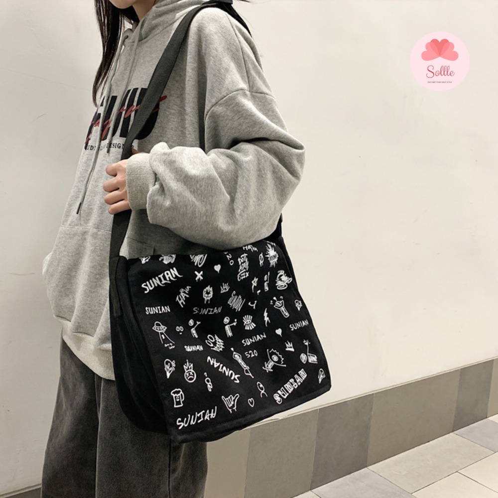 Túi tote đeo chéo nam nữ đi học vải canvas cặp đeo vai unisex ulzzang hoạt hình Sollle