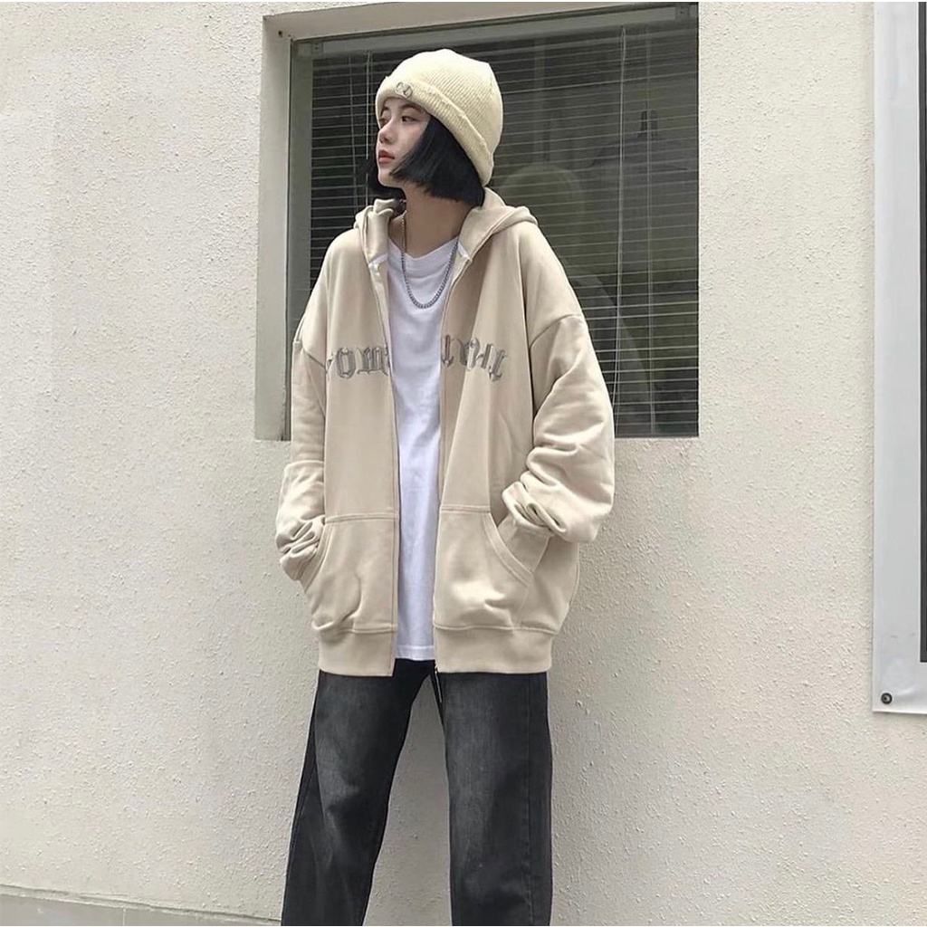 Áo khoác hoodie zip nỉ bông UNISEX nam nữ form rộng dày dặn có mũ có dây khóa kéo đen nâu ghi be