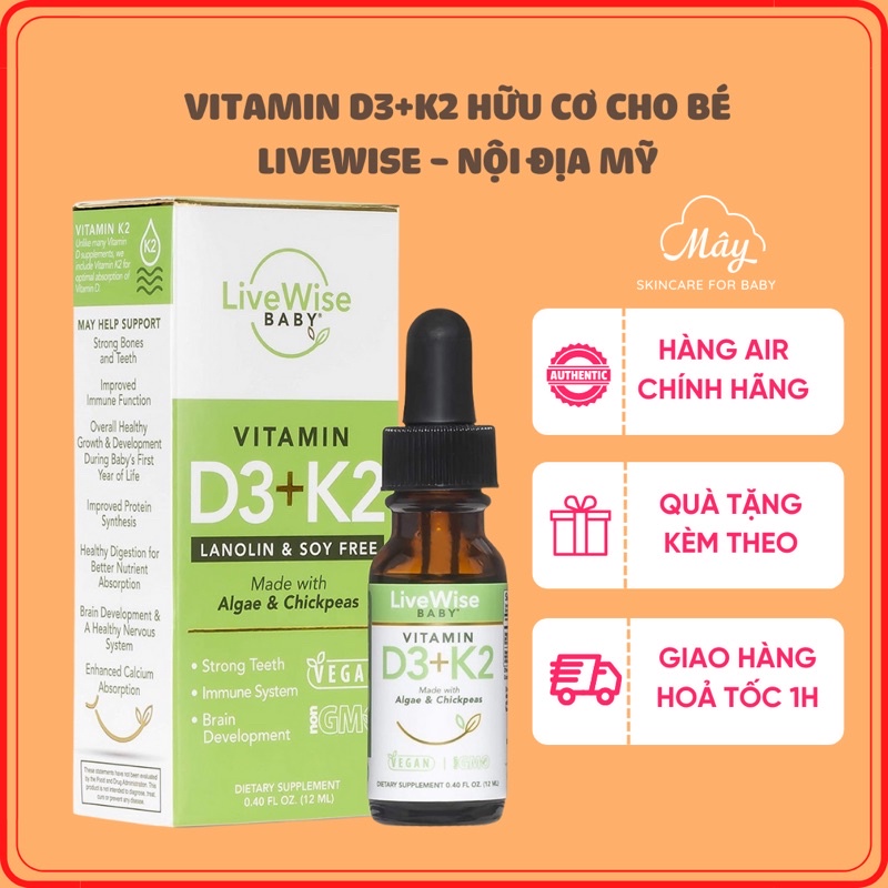 Vitamin D3K2 hữu cơ - thuần chay cho bé từ sơ sinh Livewise - Live wise Mỹ