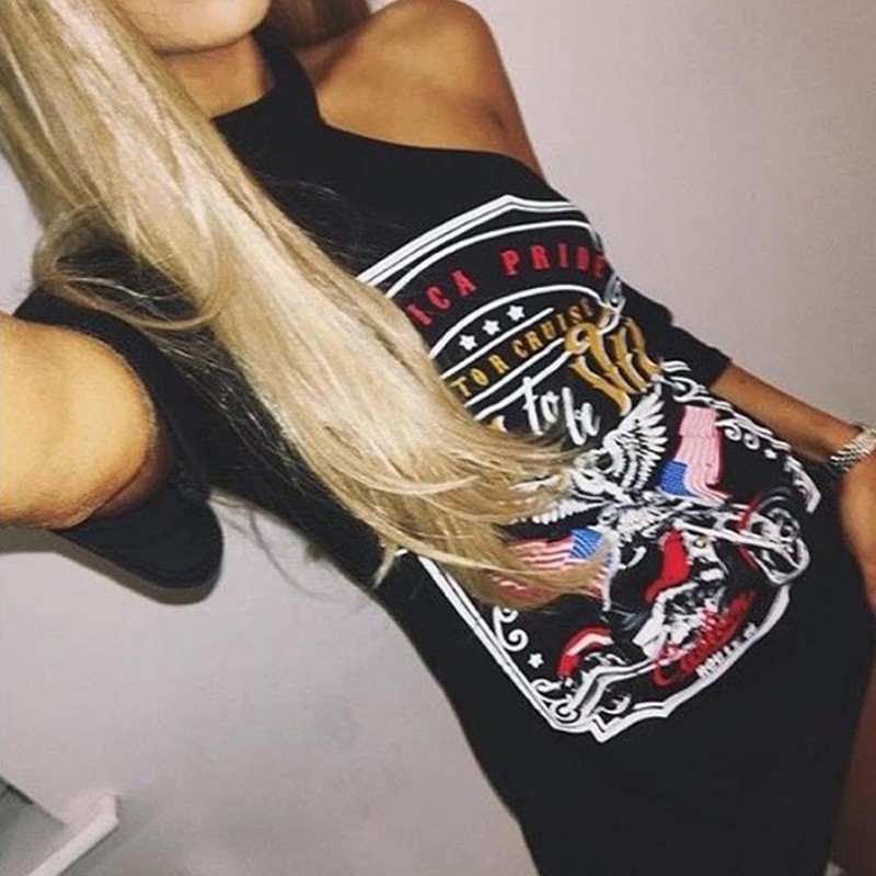 Áo thun nữ hở vai tay ngắn in hình đại bàng phong cách Punk Rock