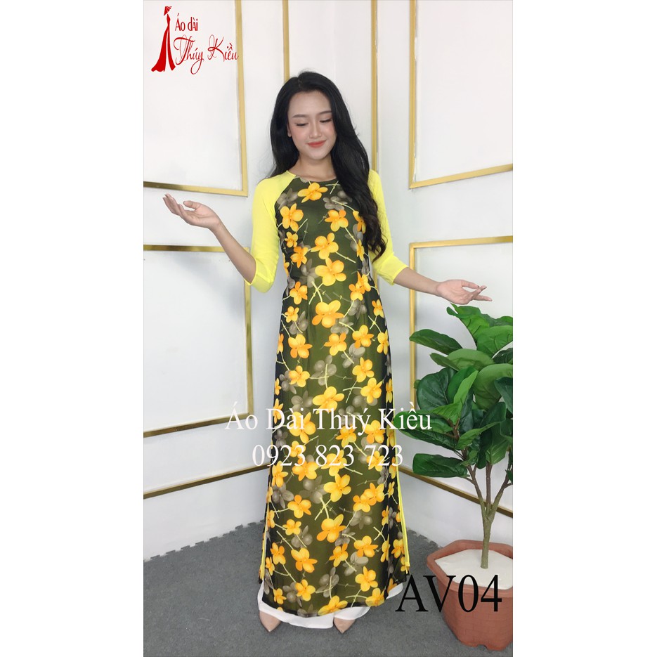Áo dài Thúy Kiều in 3D lụa chi phông 4 lớp hoa vàng AV04