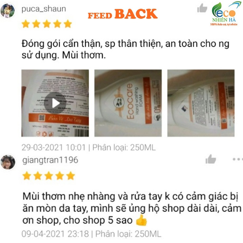 Nước rửa tay ECOCARE 250ml tinh dầu cam, nước rửa tay diệt khuẩn tạo bọt, không khô tay