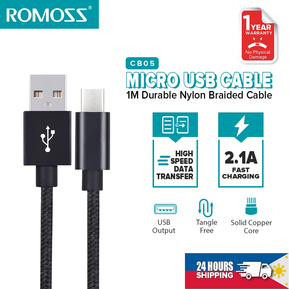 Cáp sạc ROMOSS CB05 bện nylon chuyển đổi USB sang Micro 2.1A/3A 1M bền bỉ cao cấp