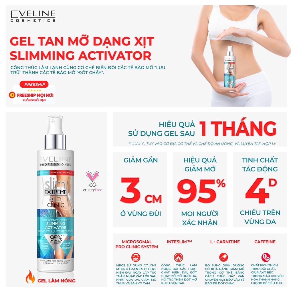 Gel Tan Mỡ Slimming Activator EVELINE Giúp Đốt Cháy Mô Mỡ, Săn Chắc Cơ Chai 200ml