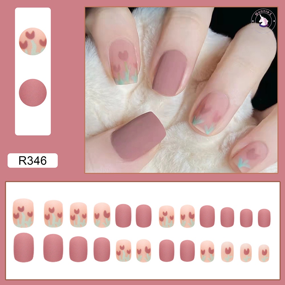 Bộ 24 Móng Tay Giả Màu Be Họa Tiết Hoa Tulip Phủ Toàn Diện Thời Trang Cho Nữ