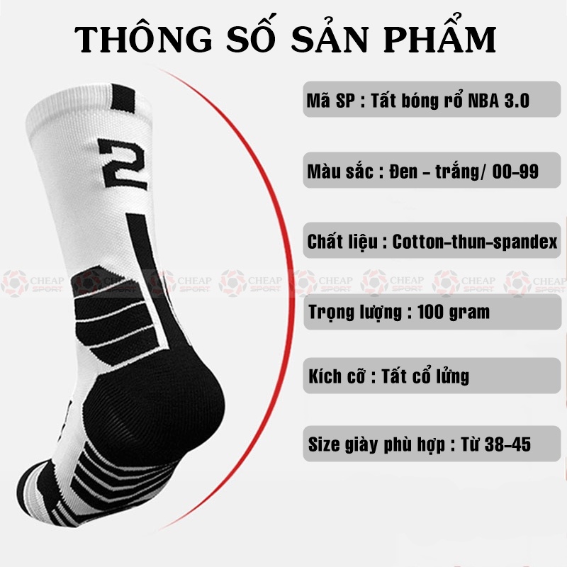 Tất Bóng Rổ NBA 3.0 Chuyên Nghiệp Cổ Lửng Tùy Chọn Ghép Số Từ 00 Đến 99, Vớ Bóng Rổ Kobe James Curry Jordan Giannis