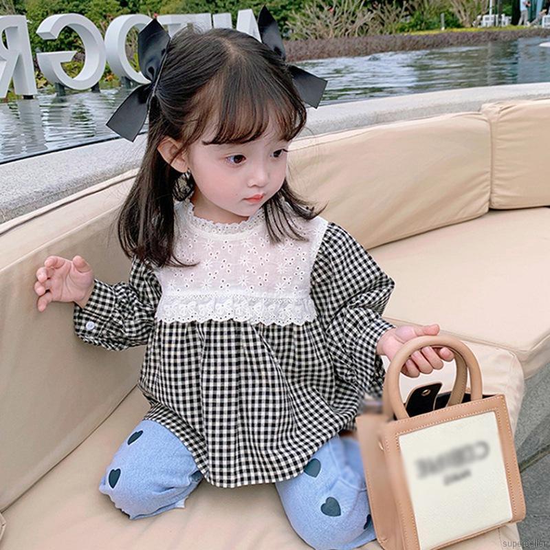 Áo sơ mi tay dài phồng phối ren họa tiết sọc caro ngọt ngào dễ thương cho bé gái