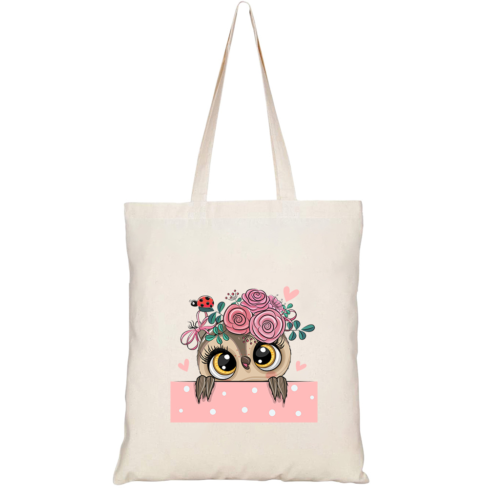 Túi vải tote canvas HTFashion in hình cute cartoon owl flowerson white HT486